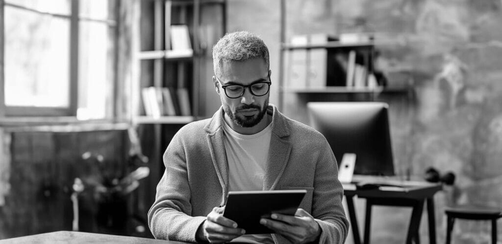 Man reading tablet, learning about admitted vs. non-admitted insurance
