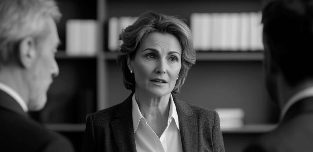 Concerned female executive talking to 2 male colleagues