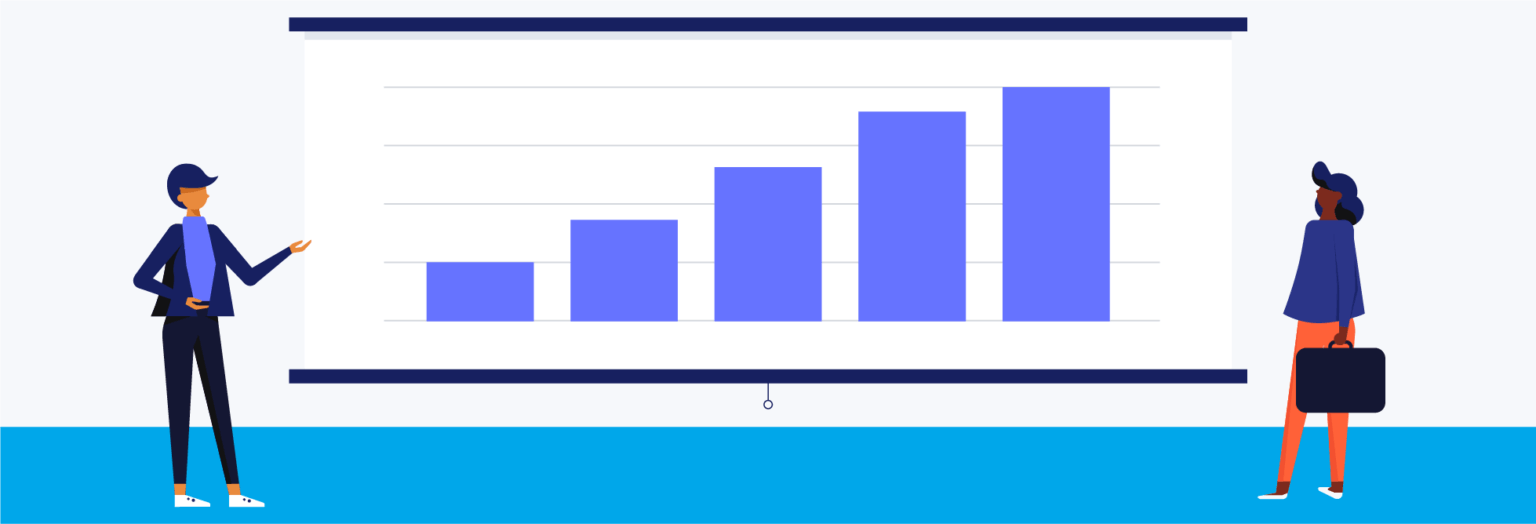 Two people in front of a bar chart presentation that represents law firm strategic planning