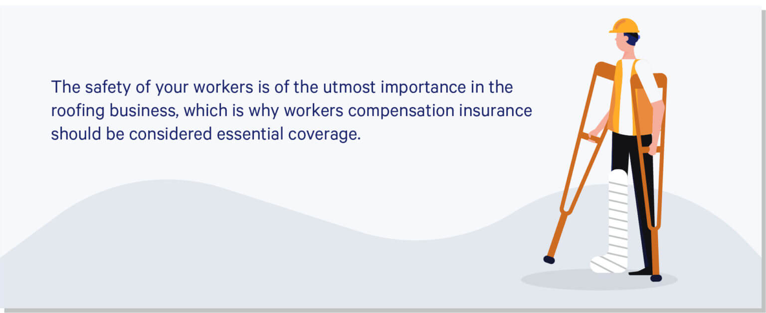 Injured contractor as an example of the need for roofing insurance, text reads "The saftey of our workers is of the upmost importance in the roofing business, which is why workers compensation insurance should be considered essential coverage."