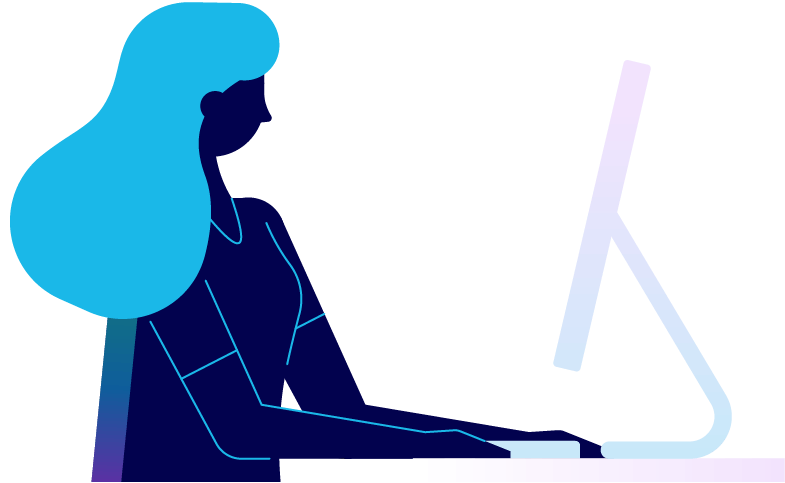 A person sitting at their desk in from of a computer. Illustration