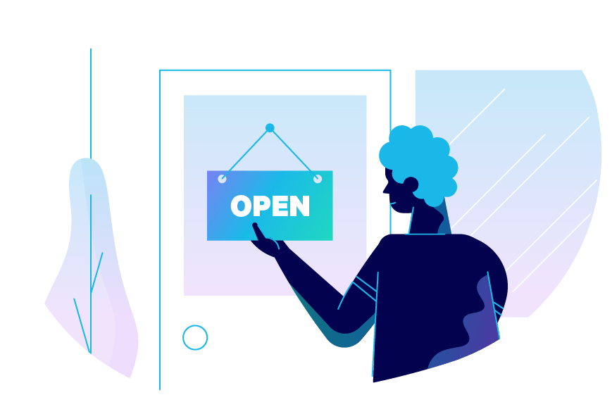 A person hanging an oversized sign that says Open. Illustration