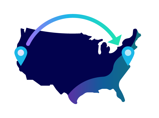 A map of the united states with an arrow pointing from California to New York. Illustration.