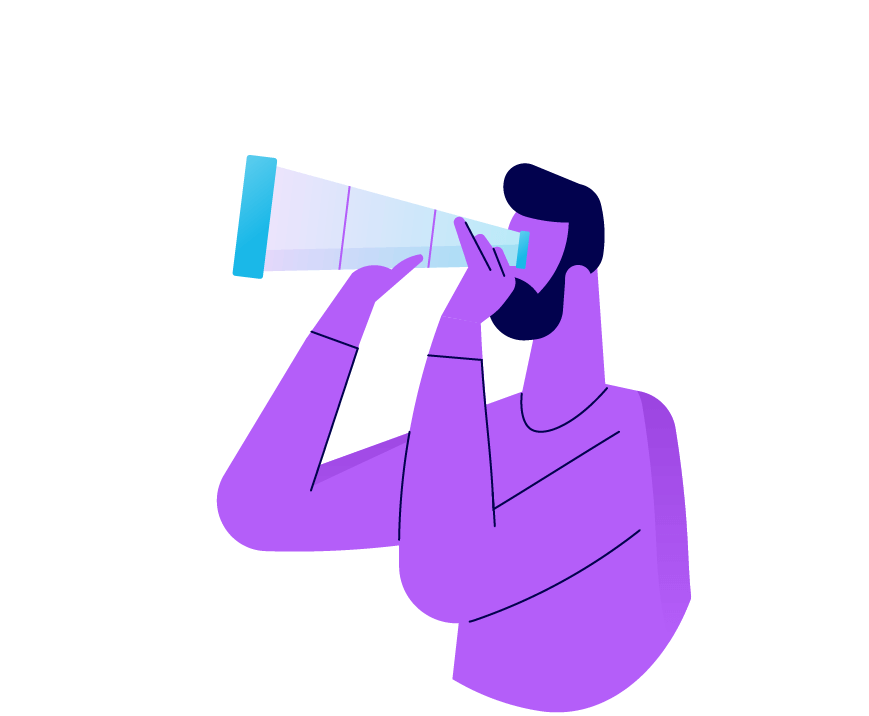 A person looking through an oversized telescope. Illustration