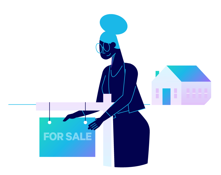 A realtor hands a for-sale sign near a home. Illustration