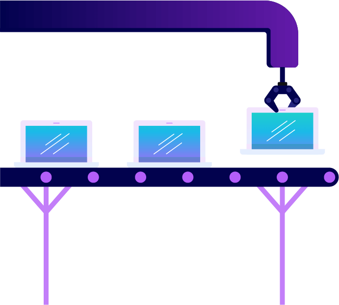 Laptops on a factory converyor belt. Illustration