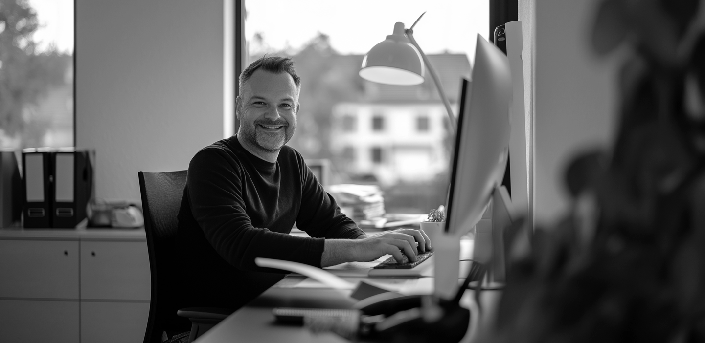 Smiling man works at his desk