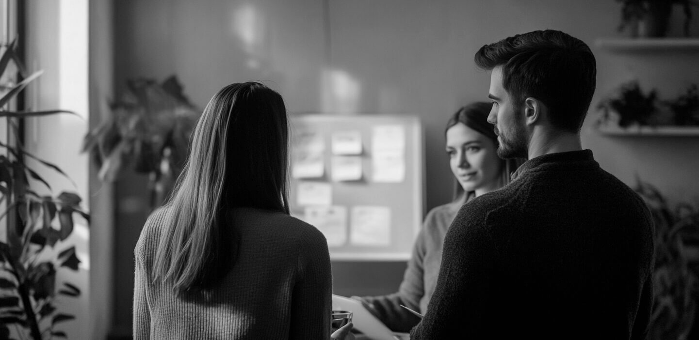 Group of people in an office talking about strategy