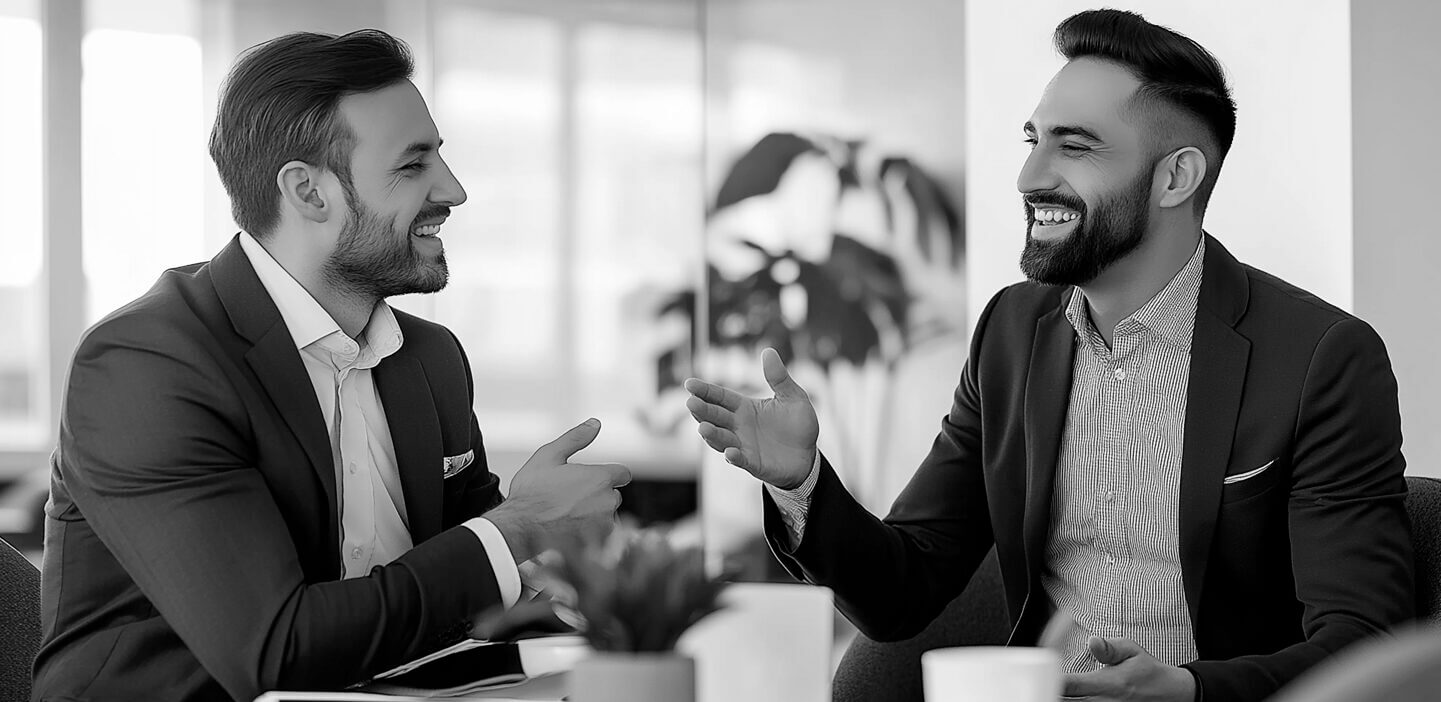 Two men talking over coffee