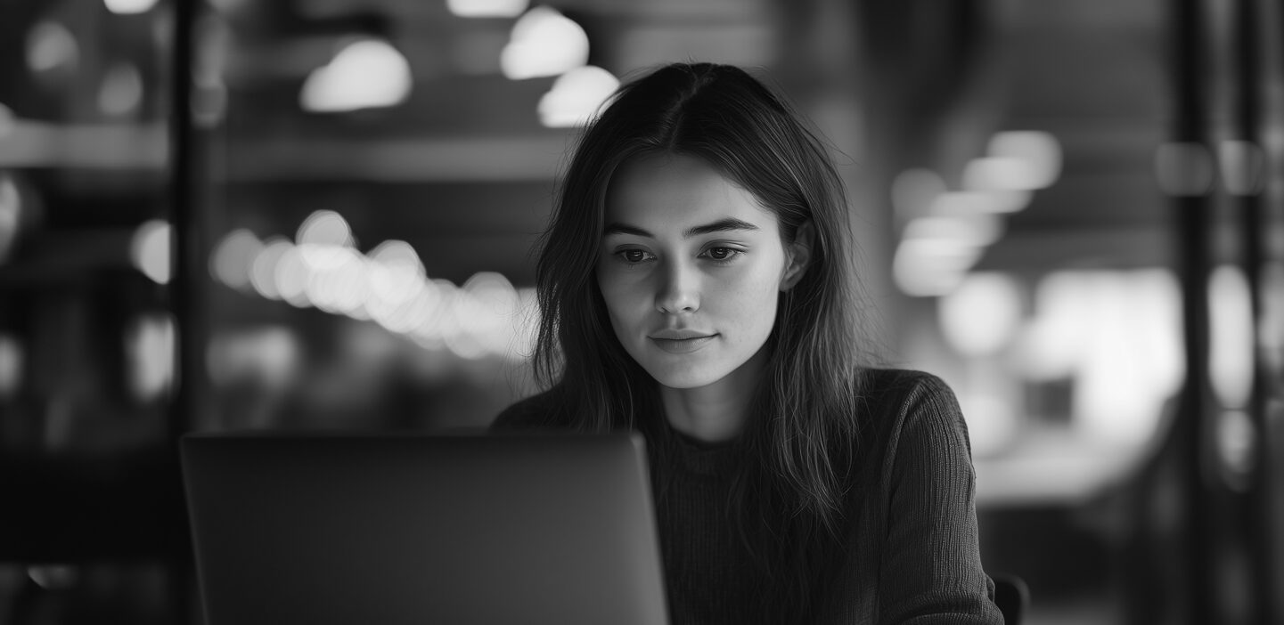 Woman looking directly at her laptop screen