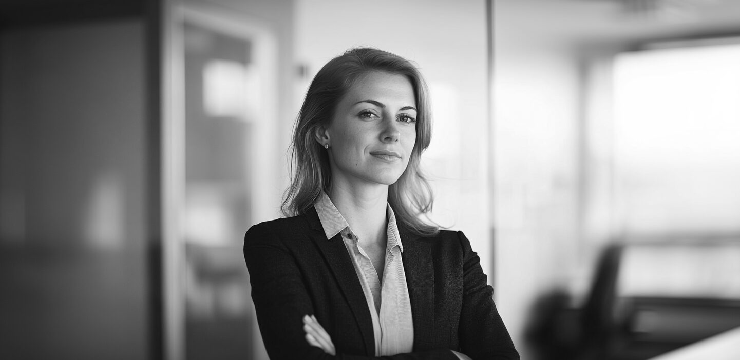 Confident business woman standing in an office with her arms crossed