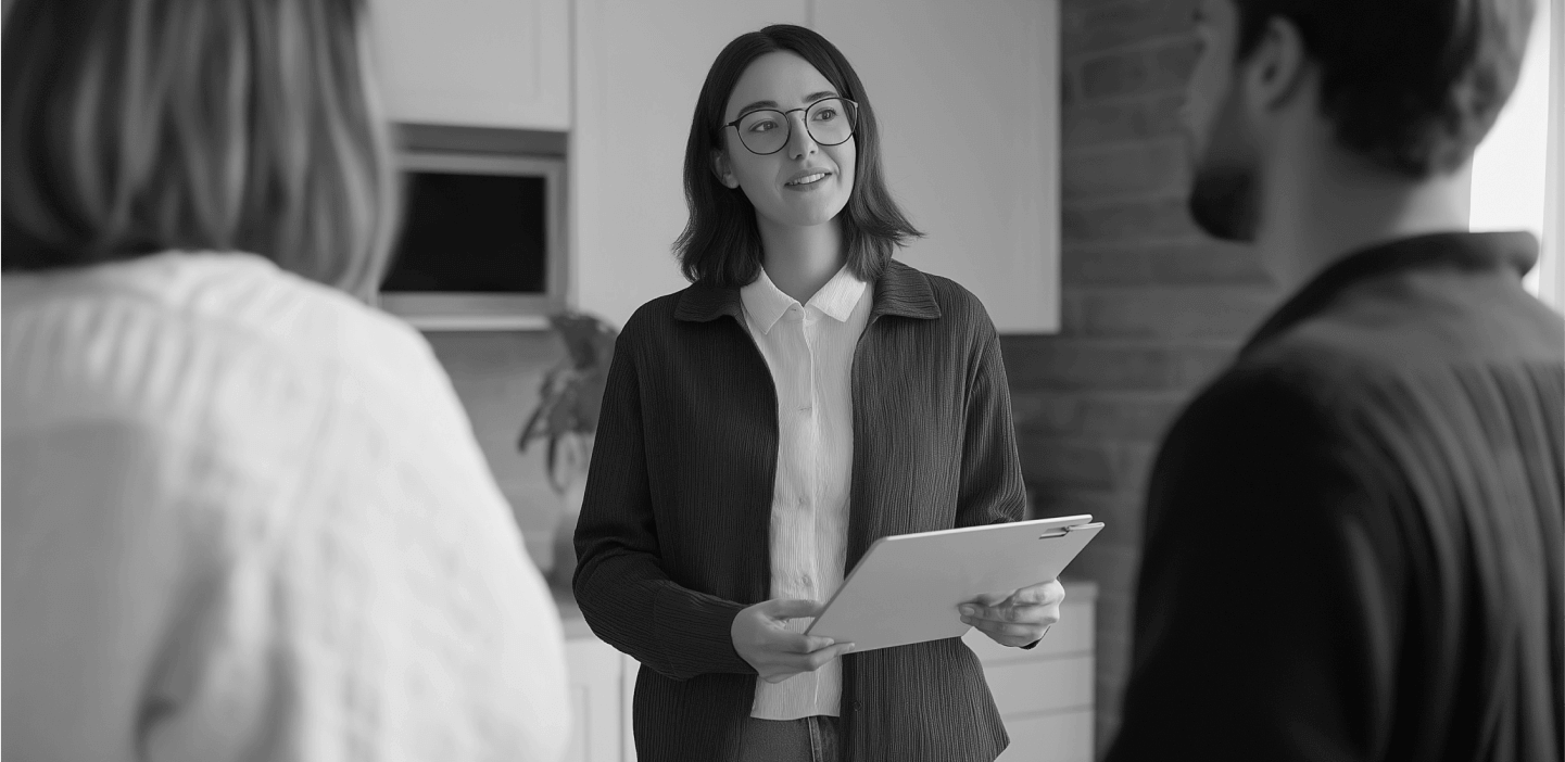 Woman holding a folder and talking to colleagues