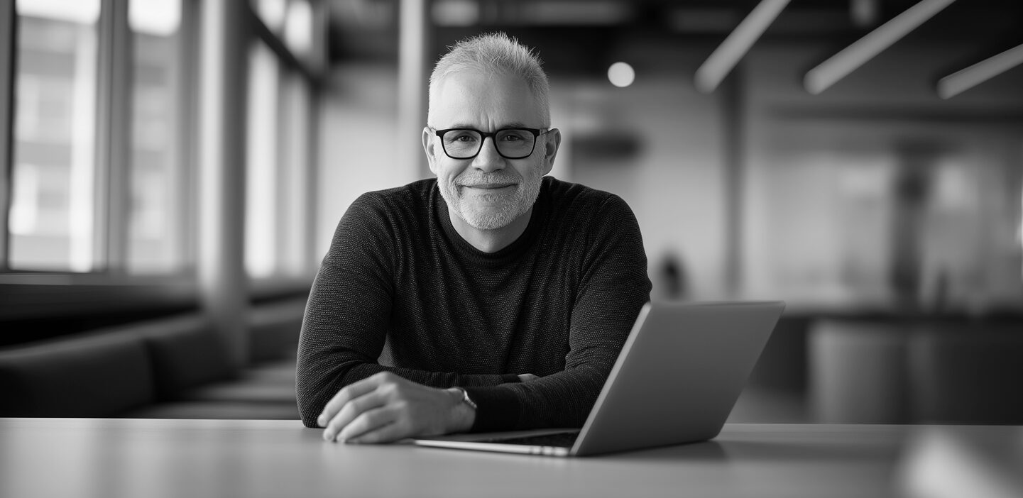 Smiling man at his laptop and facing the camera 