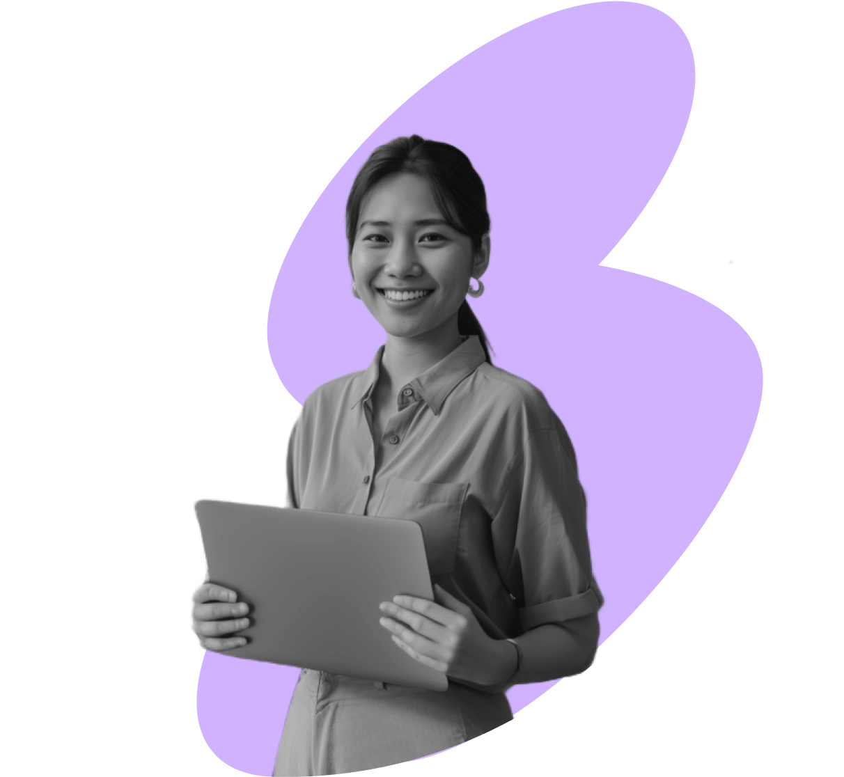 Woman holding a tablet with an abstract purple solid form in the background