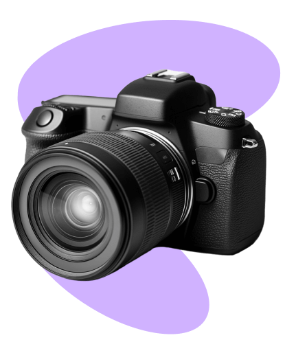 A professional camera pointing to your left with an abstract purple form as background