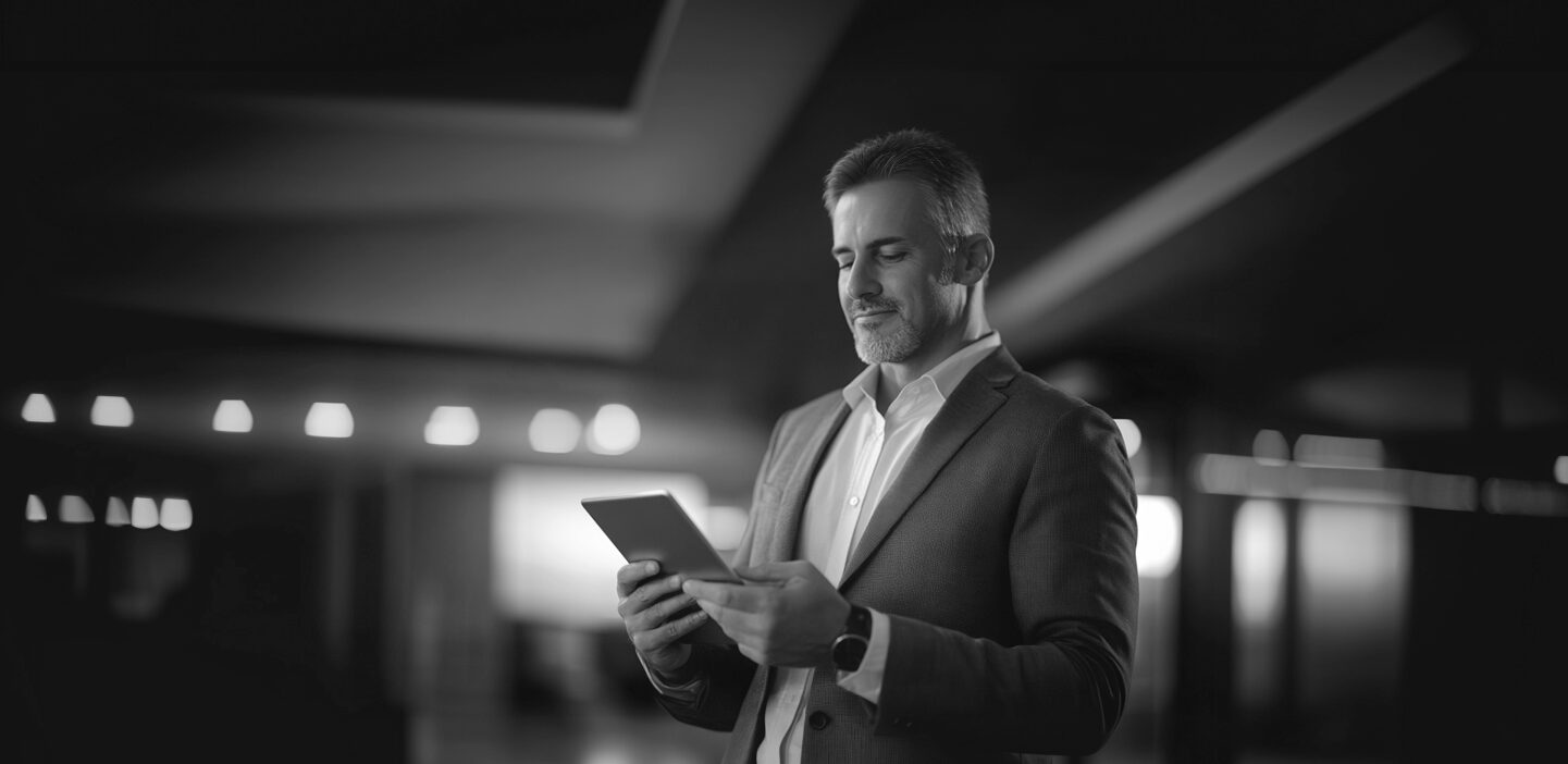 Man looking down at his tablet device